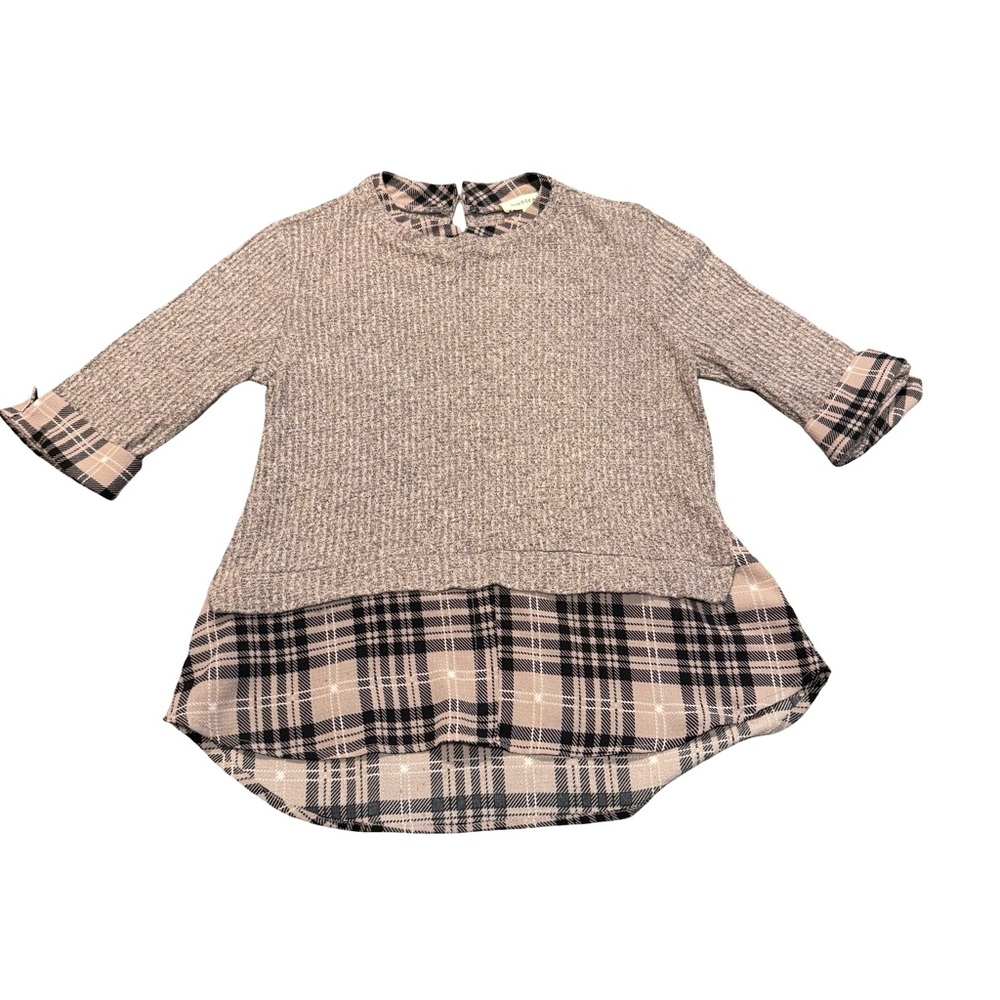 Monteau‎ Plaid mock Layered Knit Tunic Top Neutral Brown Black Women’s M
